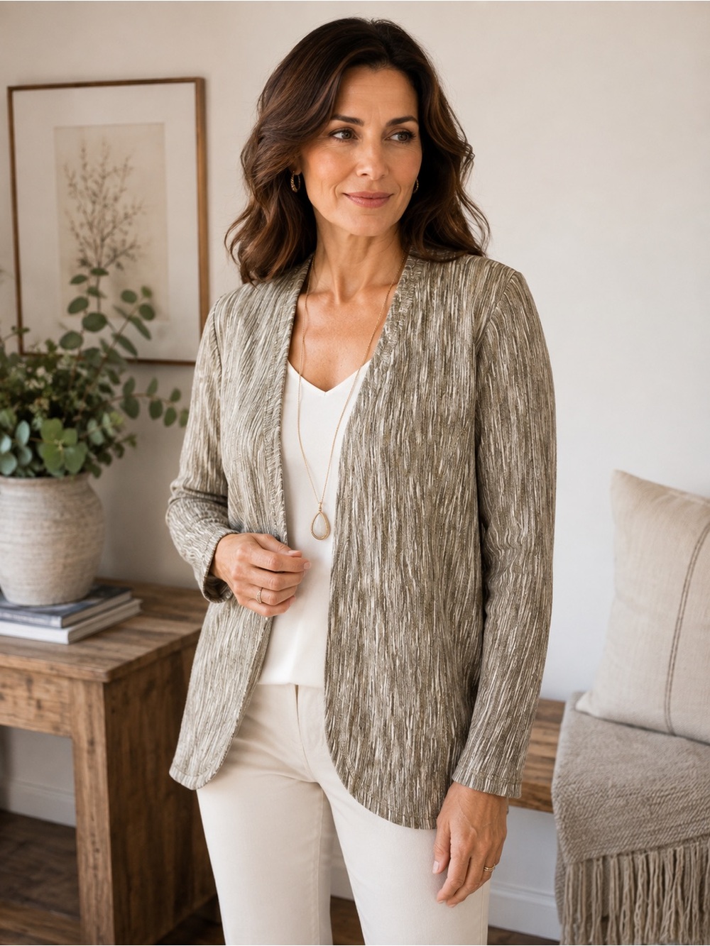 J. Jill Neutral Textured Open-Front Blazer in Taupe-Mix